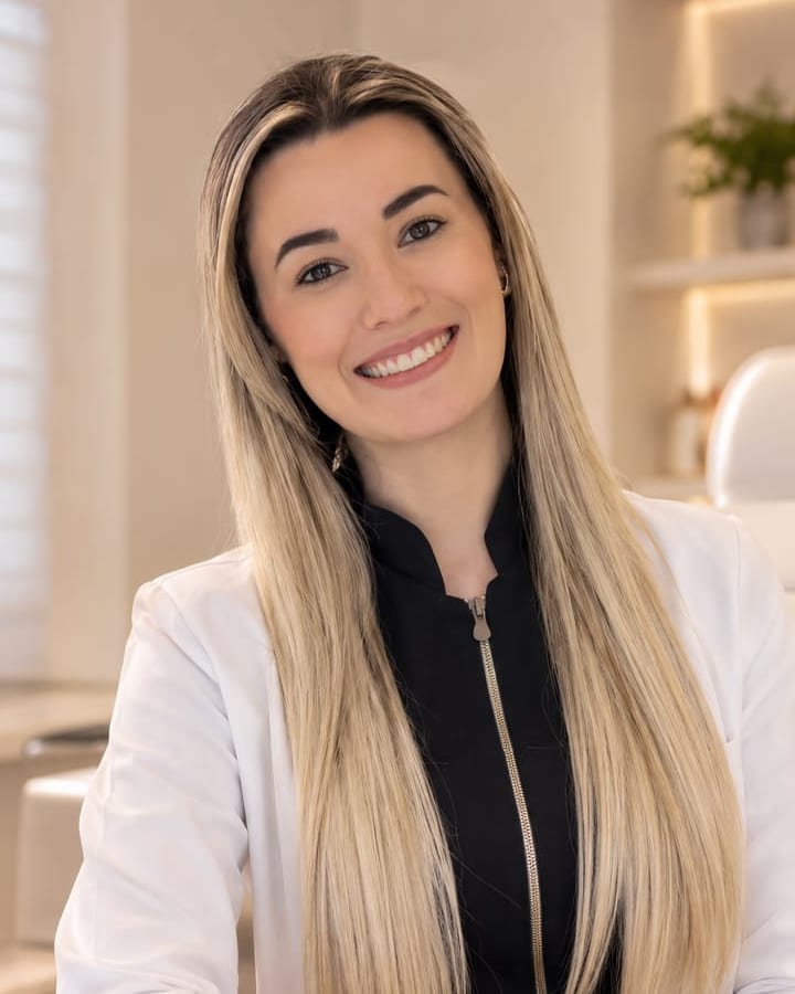 Dra. Andrieli Rossa sorrindo em seu consultório